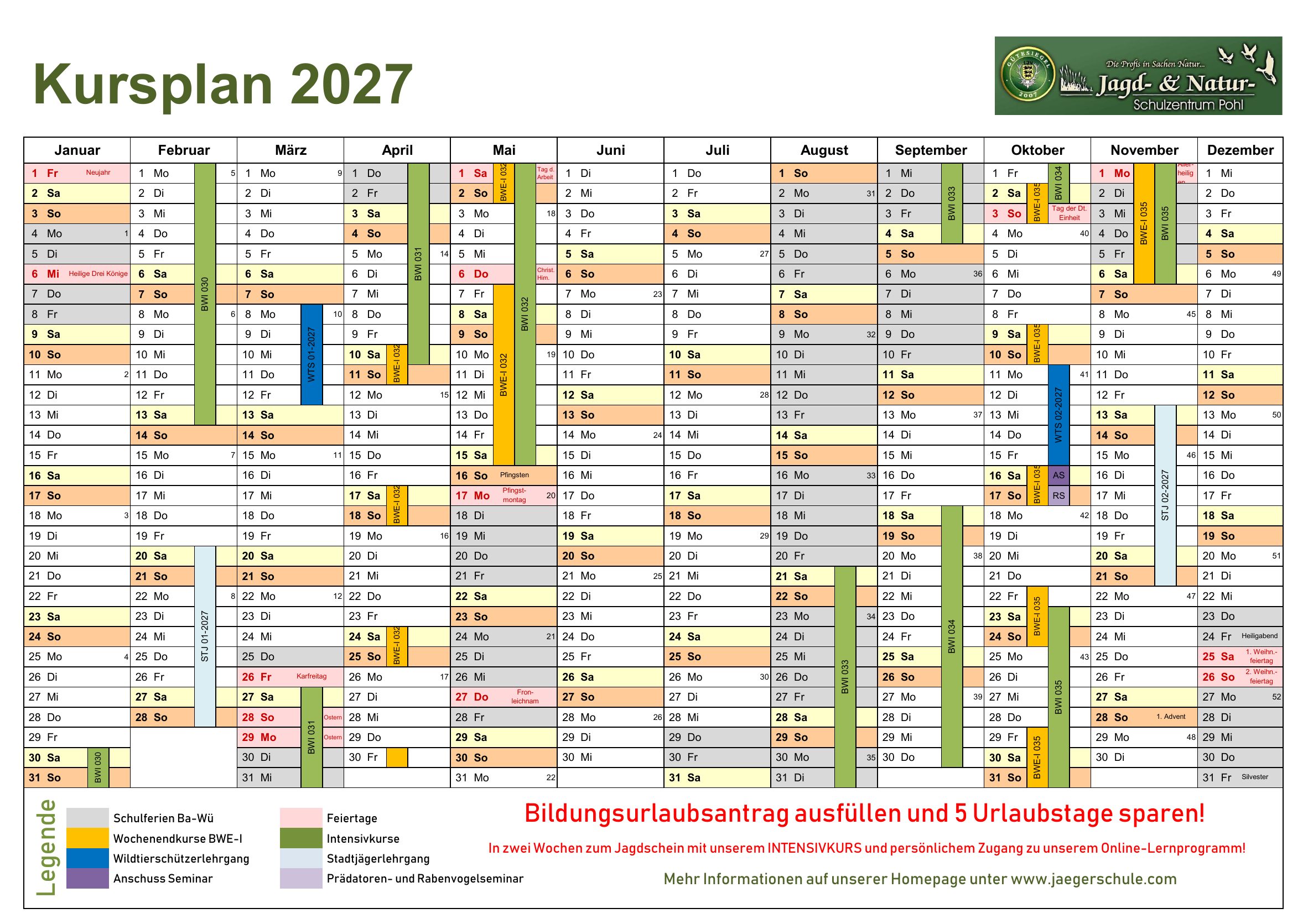 Kursplan 2027 der Jagdschule Wiesensteig – Jahreskalender mit allen Kursterminen